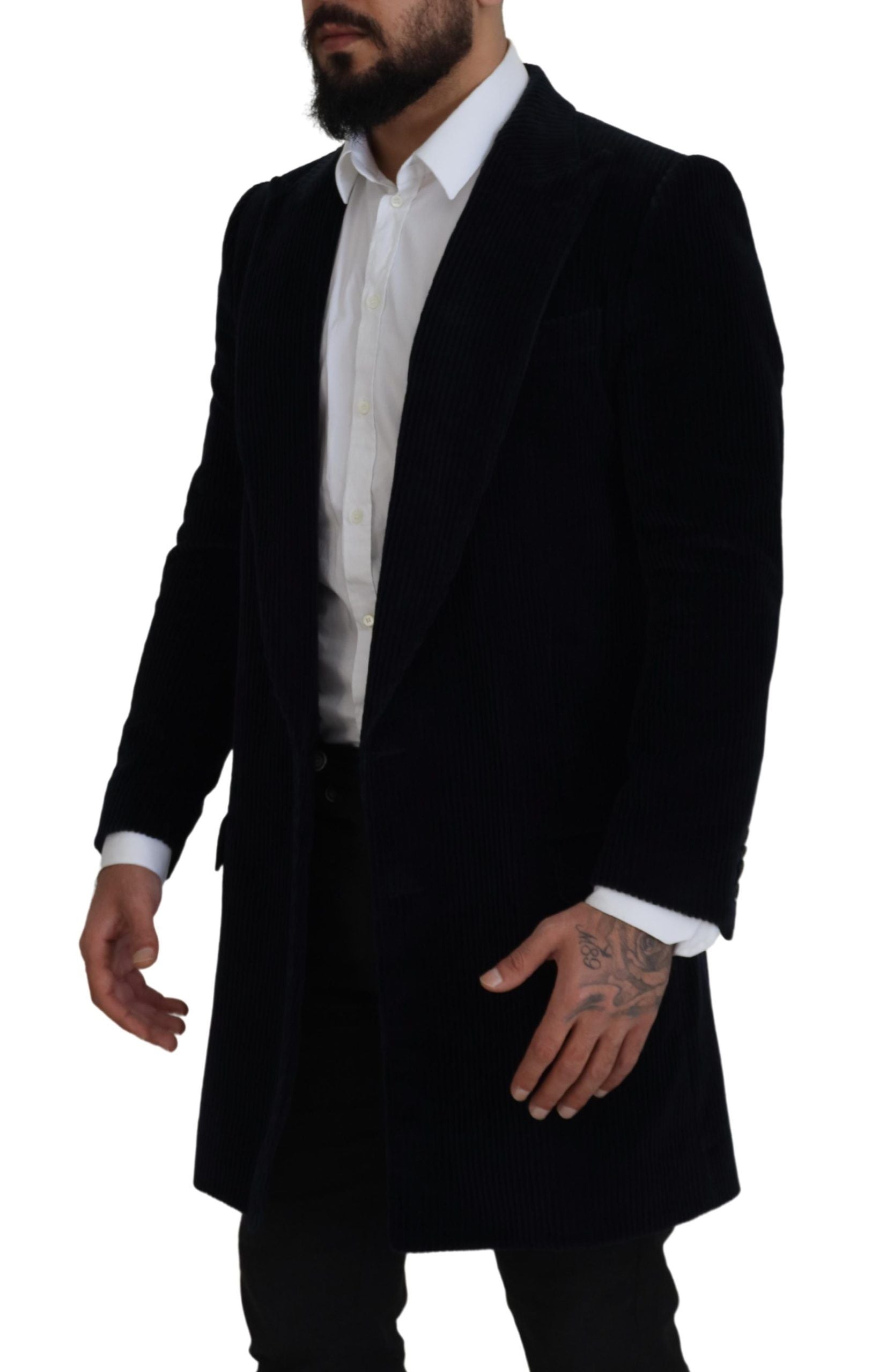 Dolce & Gabbana Schwarze Baumwollstrickjacke Langer Mantel Herrenjacke
