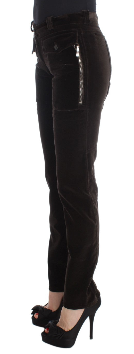 Ermanno Scervino Braune Hose aus Baumwollsamt mit Reißverschlüssen und schmaler Passform