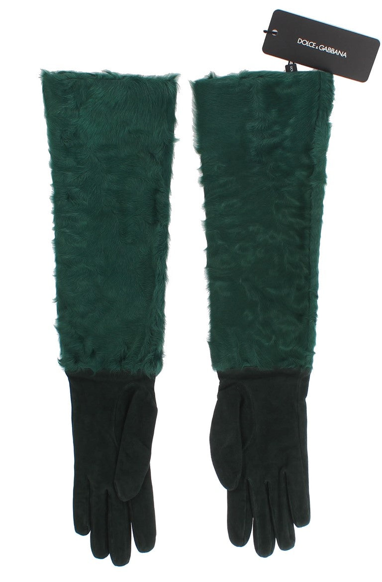 Dolce & Gabbana Grüne Leder-Xiangao-Fell-Ellenbeugen-Handschuhe