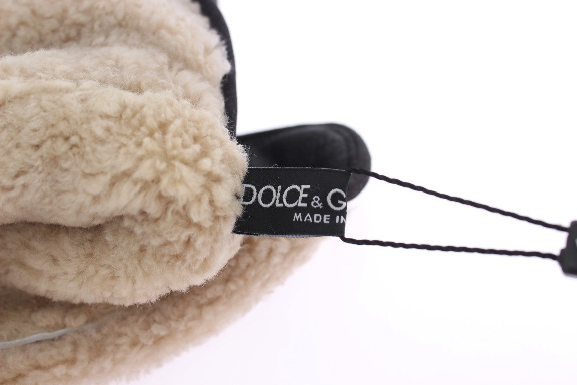Dolce & Gabbana Gray Wool Shearling Studded Green Leopard Gloves
