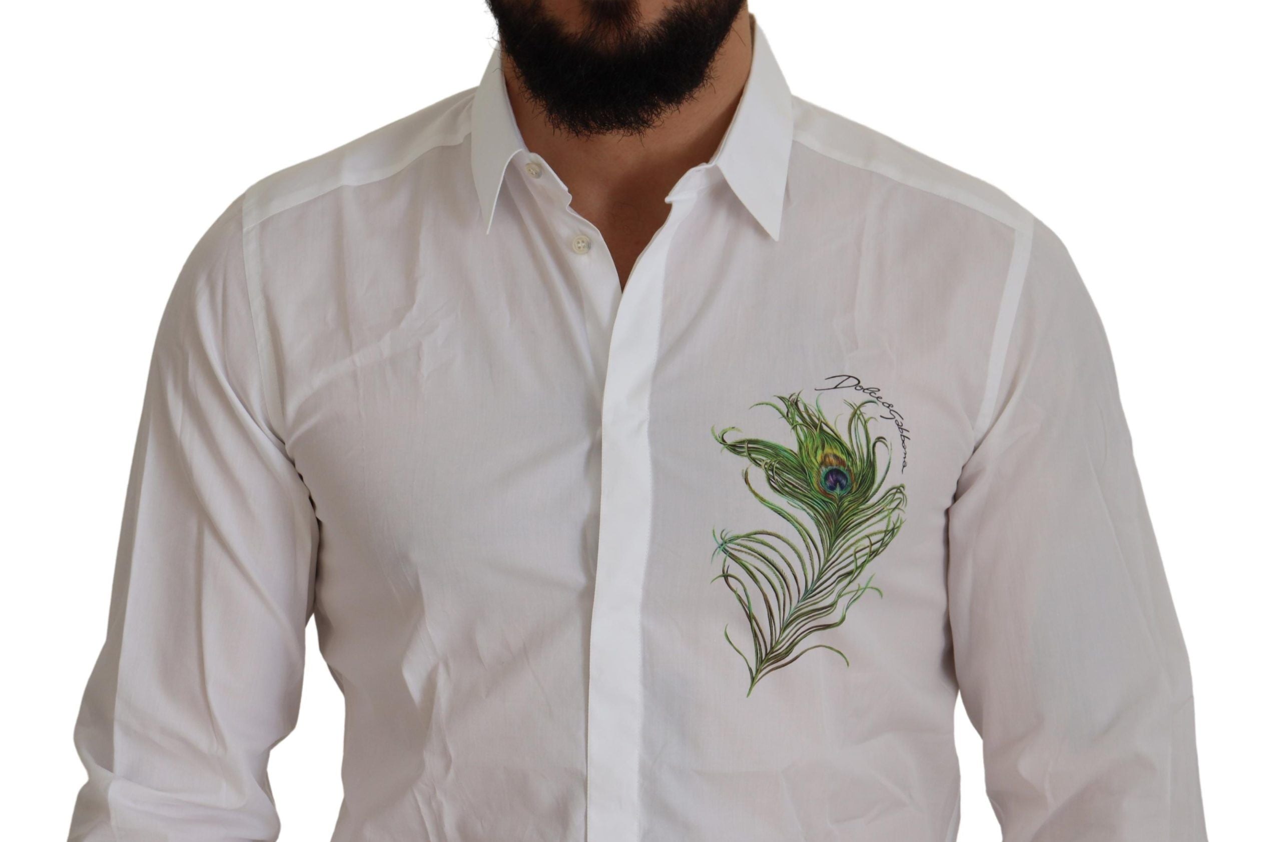 Dolce & Gabbana Weißes Baumwollhemd mit Pfauenfeder-Stickerei und GOLD-Details