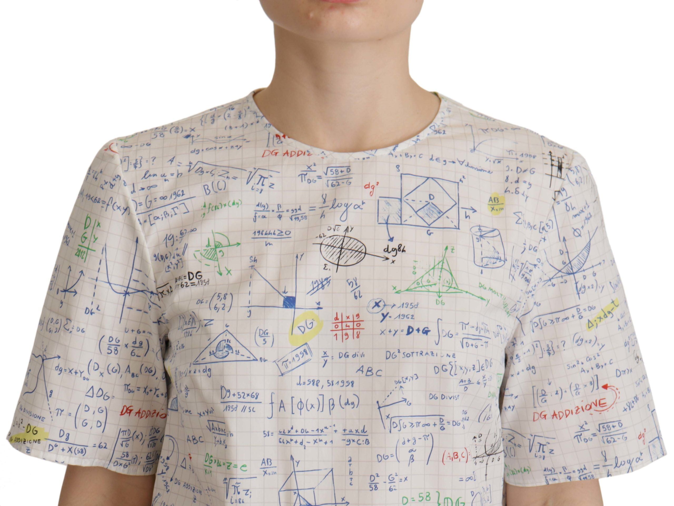 Dolce & Gabbana Weißes Baumwoll-Top mit Algebra-Print und kurzen Ärmeln