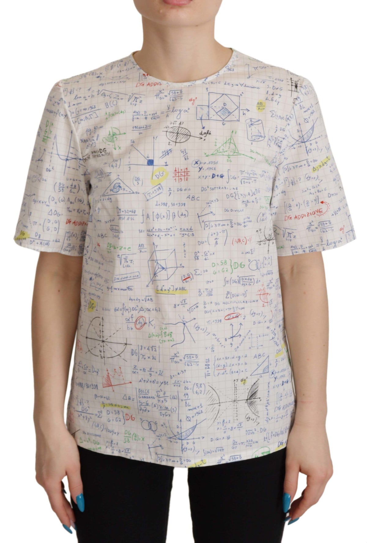 Dolce & Gabbana Weißes Baumwoll-Top mit Algebra-Print und kurzen Ärmeln