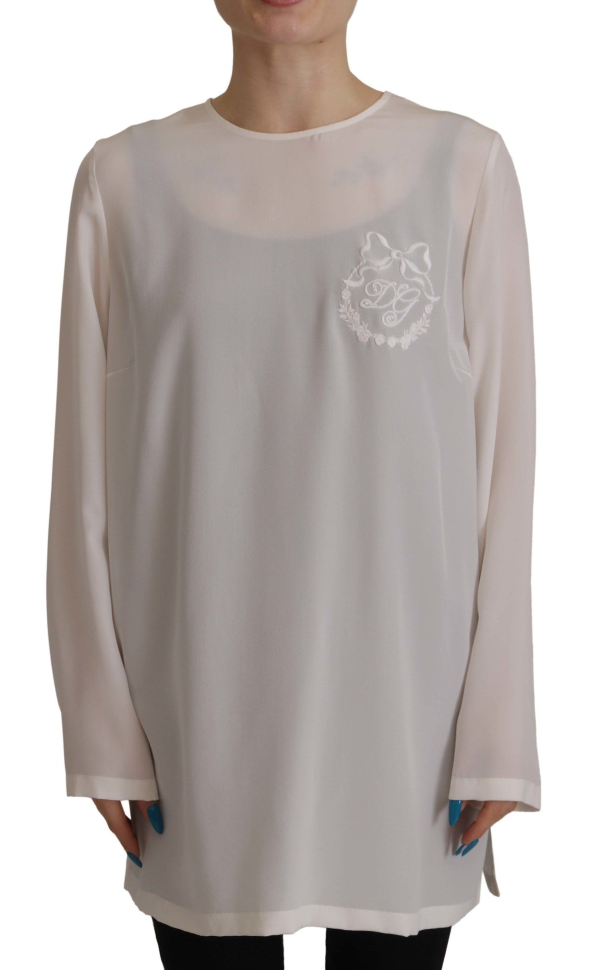 Dolce & Gabbana Weiße Seidenbluse mit DG Logo Stickerei und langen Ärmeln
