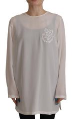 Dolce & Gabbana Weiße Seidenbluse mit DG Logo Stickerei und langen Ärmeln