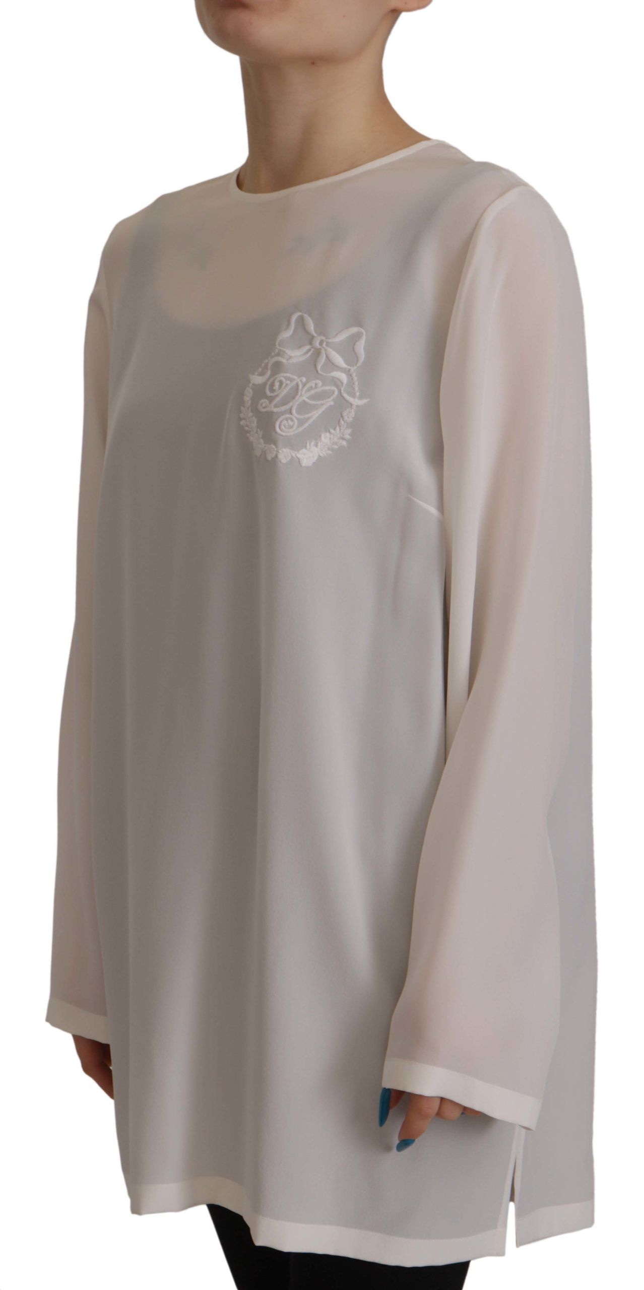 Dolce & Gabbana Weiße Seidenbluse mit DG Logo Stickerei und langen Ärmeln