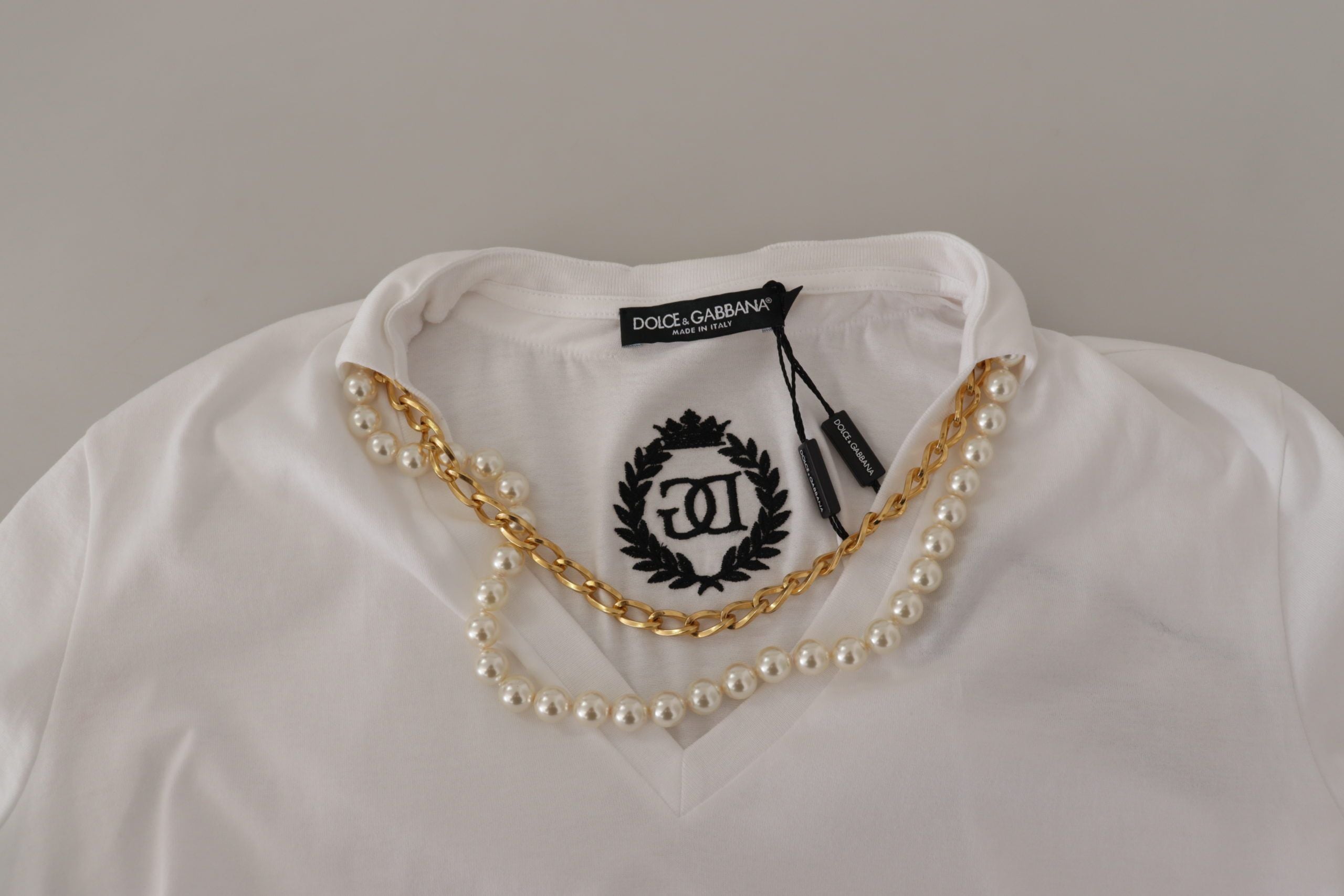 Dolce & Gabbana weißes T-Shirt mit verziertem Ausschnitt