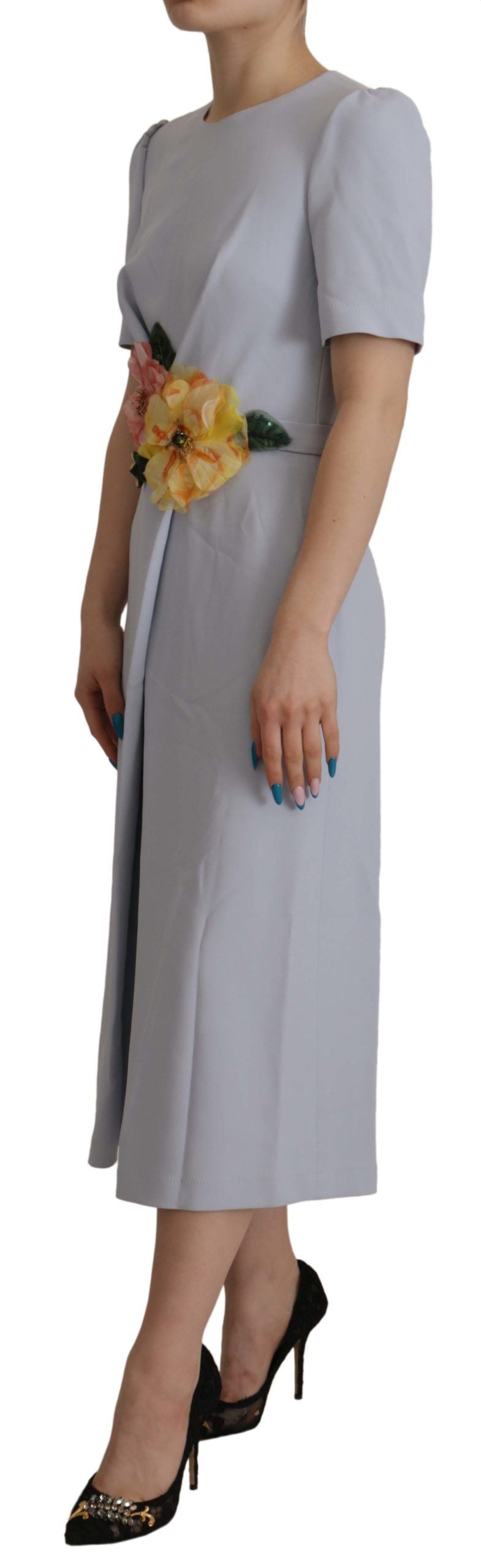 Dolce & Gabbana blaues Midikleid aus Viskose mit Blumenapplikationen
