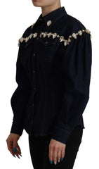 Dolce & Gabbana Blauwe Denim Katoenen Jas Met Kristalversiering