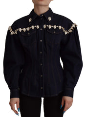 Dolce & Gabbana Blauwe Denim Katoenen Jas Met Kristalversiering