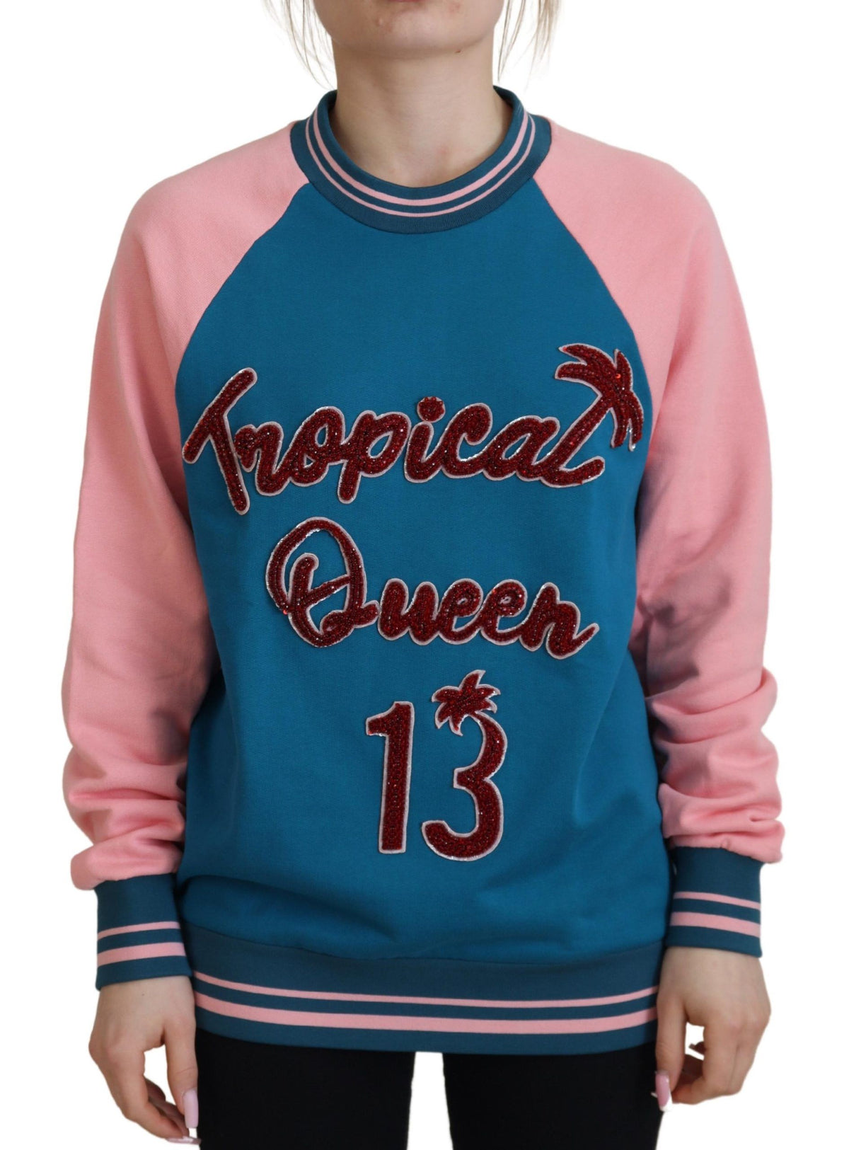 Dolce & Gabbana Blauer Rosa Königin Pailletten-Kristallpullover