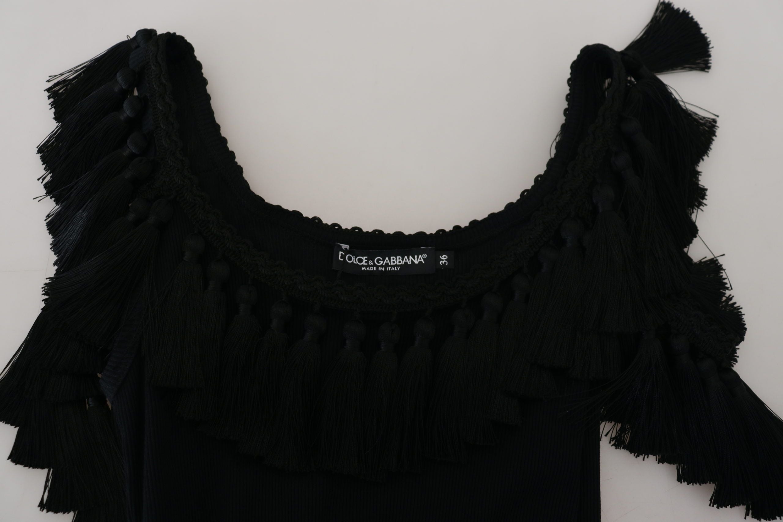 Dolce & Gabbana Schwarze Tanktop Bluse Quasten Baumwollbluse