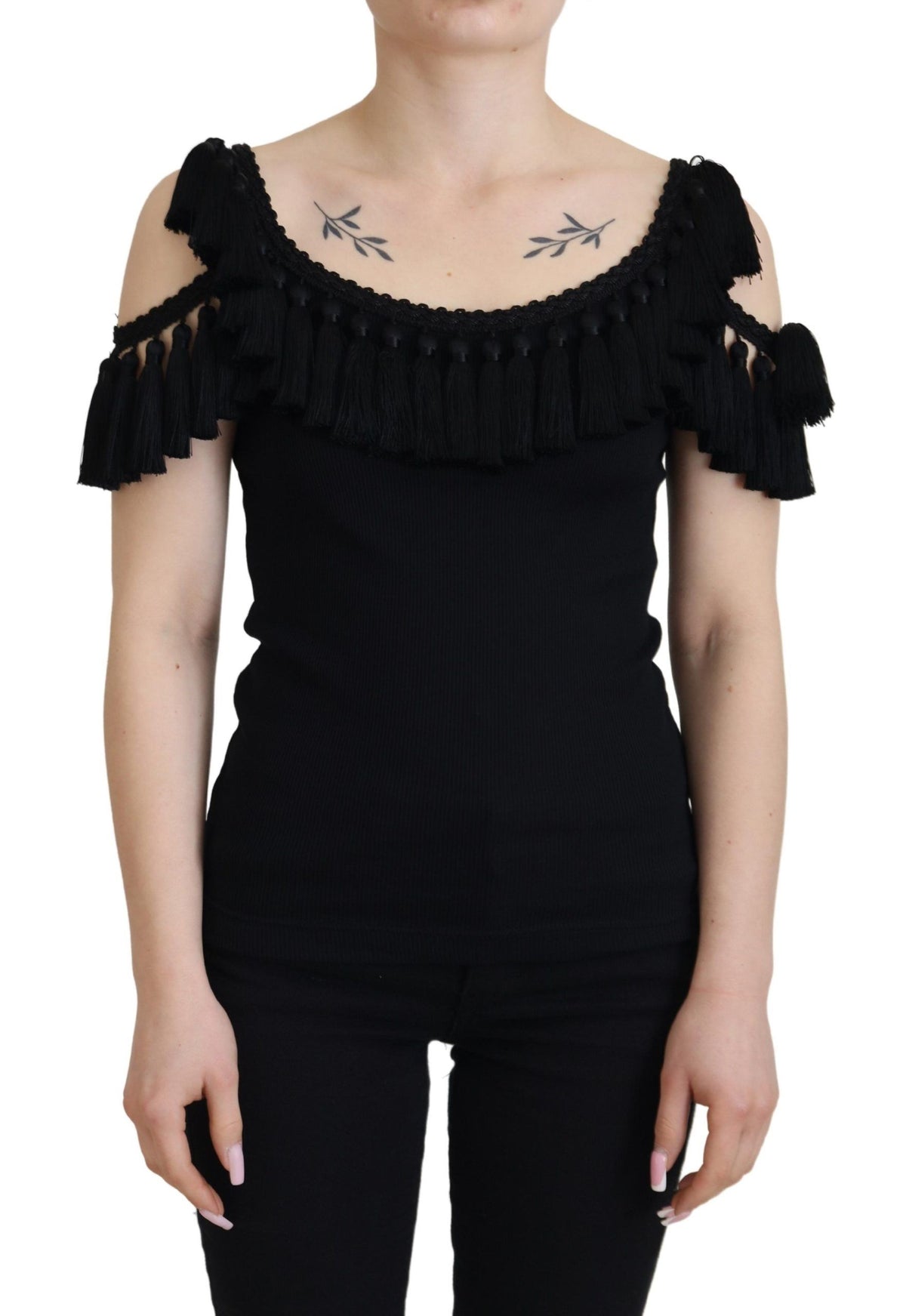 Dolce & Gabbana Schwarze Tanktop Bluse Quasten Baumwollbluse