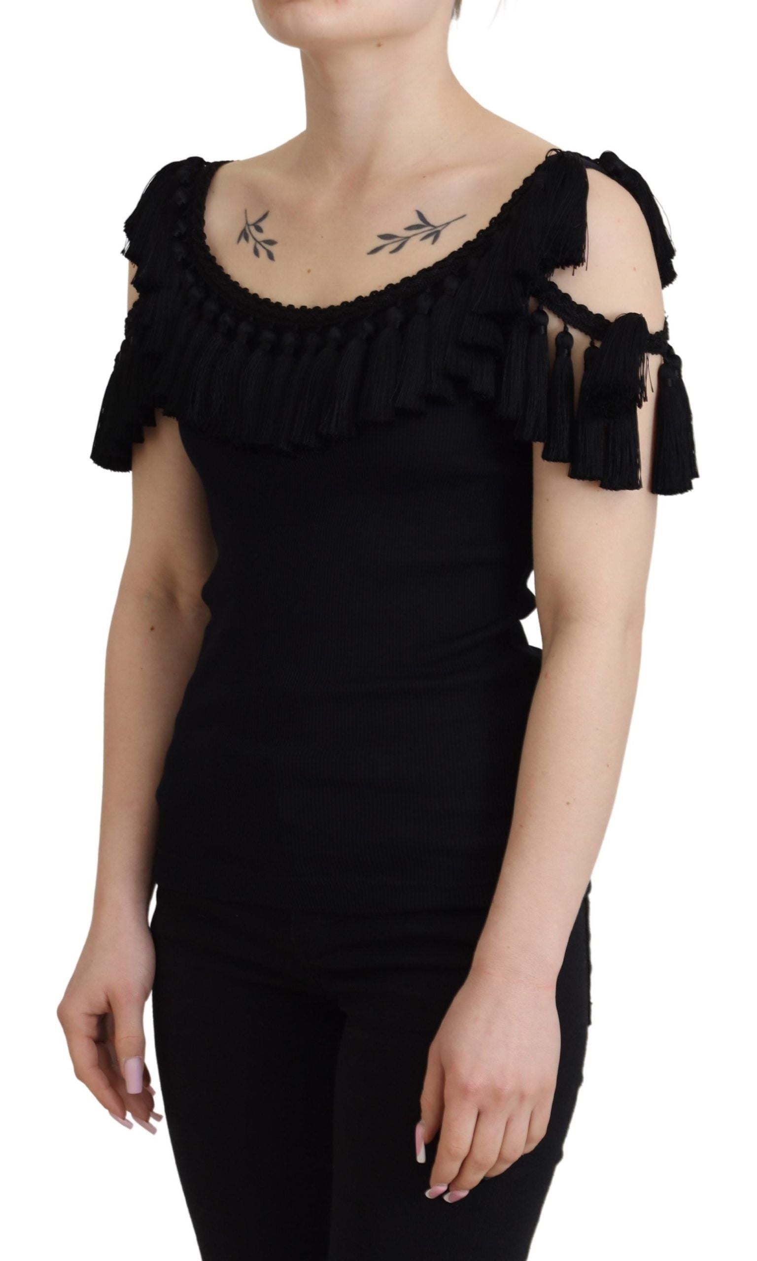 Dolce & Gabbana Schwarze Tanktop Bluse Quasten Baumwollbluse
