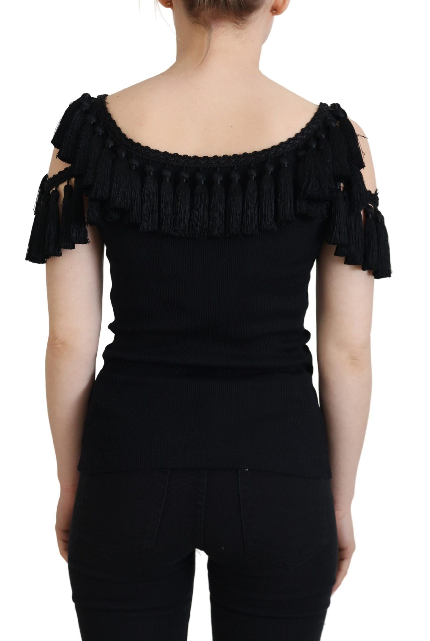 Dolce & Gabbana Schwarze Tanktop Bluse Quasten Baumwollbluse