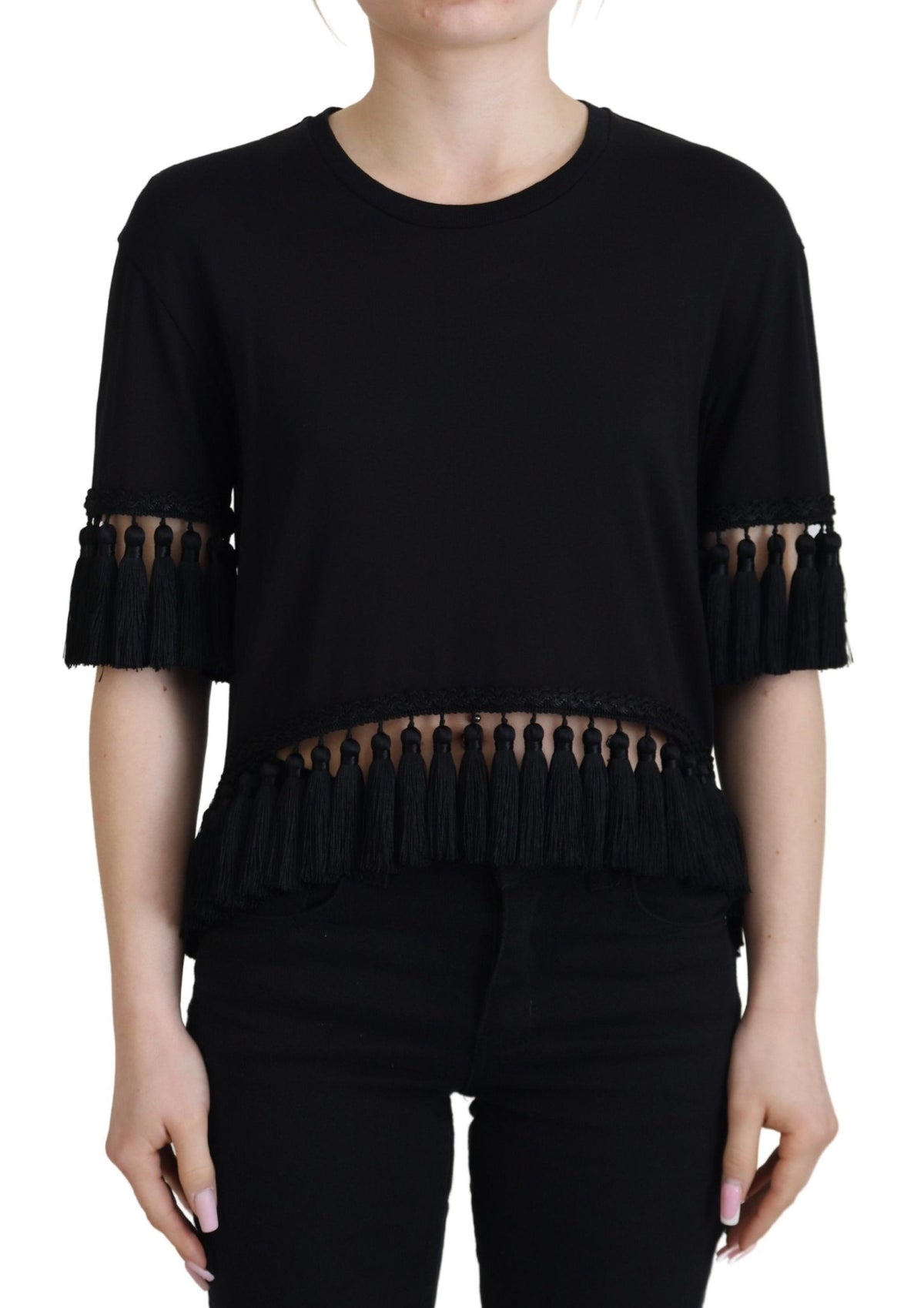 Dolce & Gabbana Schwarze T-Shirt Bluse Quaste Baumwollbluse