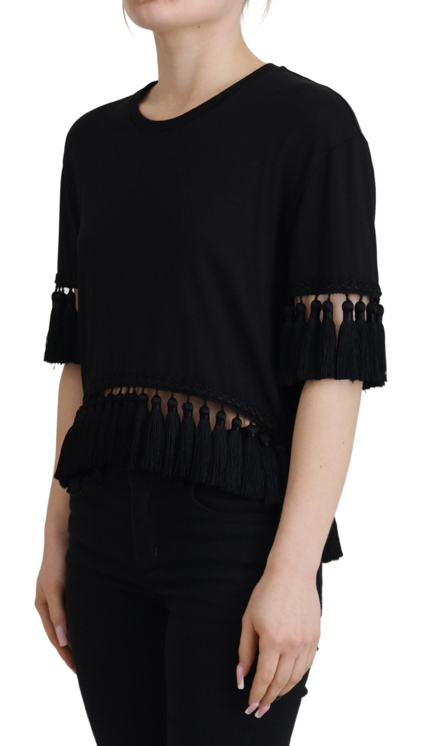 Dolce & Gabbana Schwarze T-Shirt Bluse Quaste Baumwollbluse