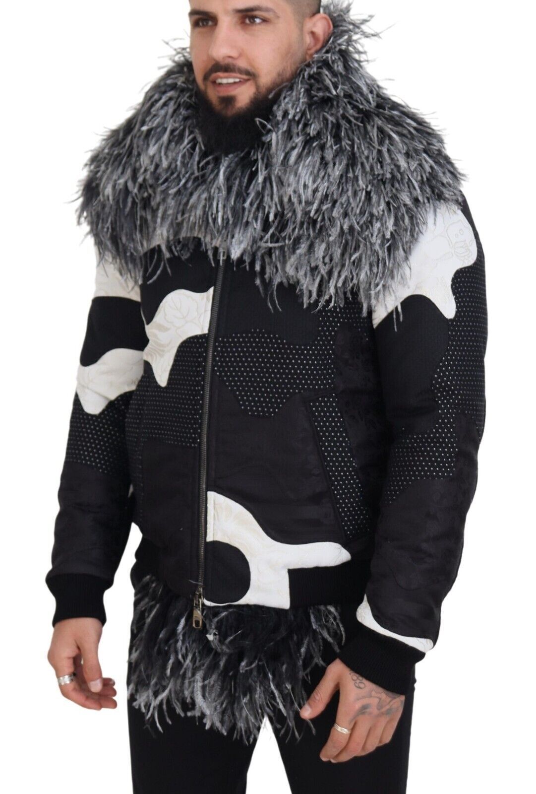 Dolce & Gabbana Jacke aus schwarzem und weißem Pelz-Shearling mit durchgehendem Reißverschluss