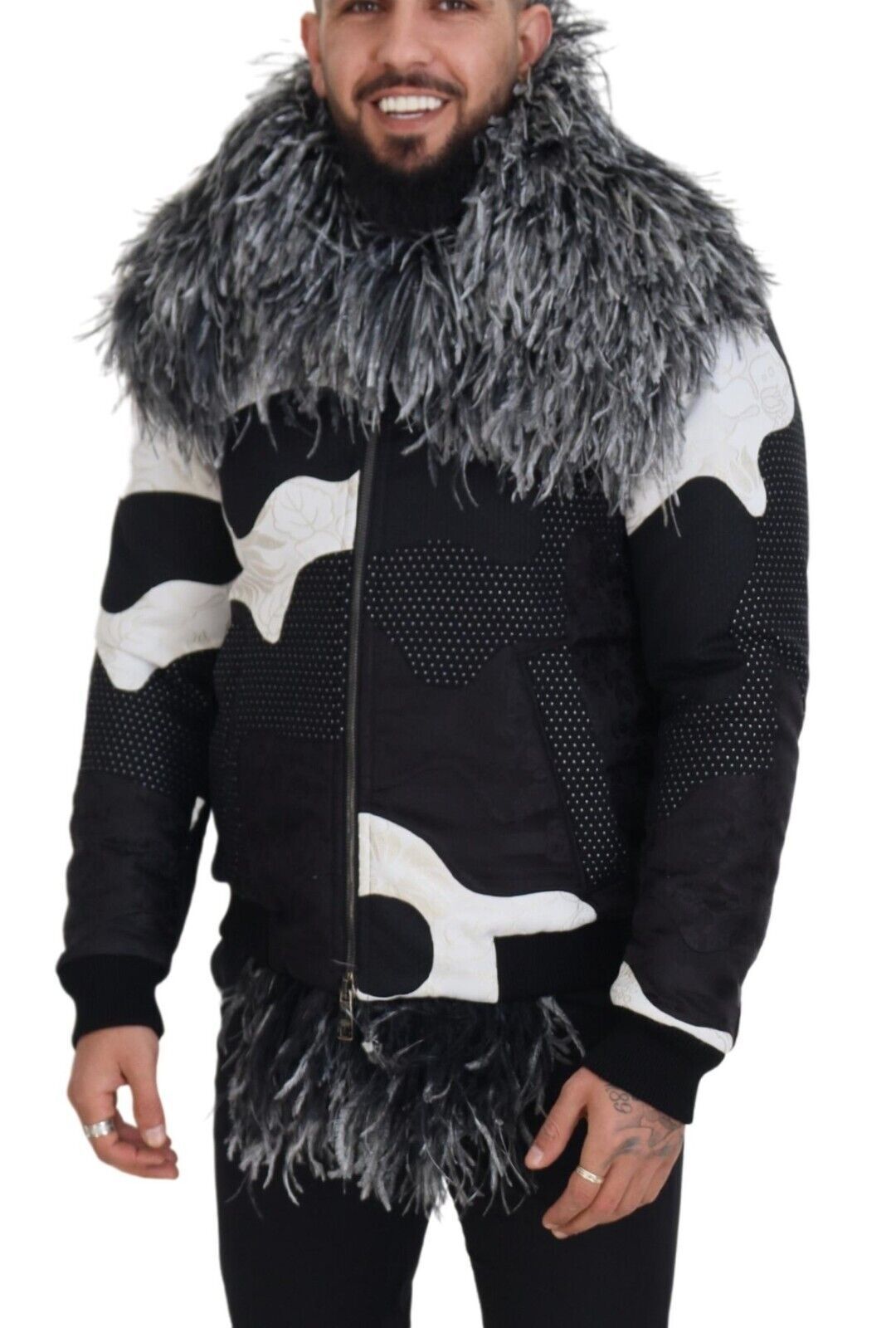 Dolce & Gabbana Jacke aus schwarzem und weißem Pelz-Shearling mit durchgehendem Reißverschluss