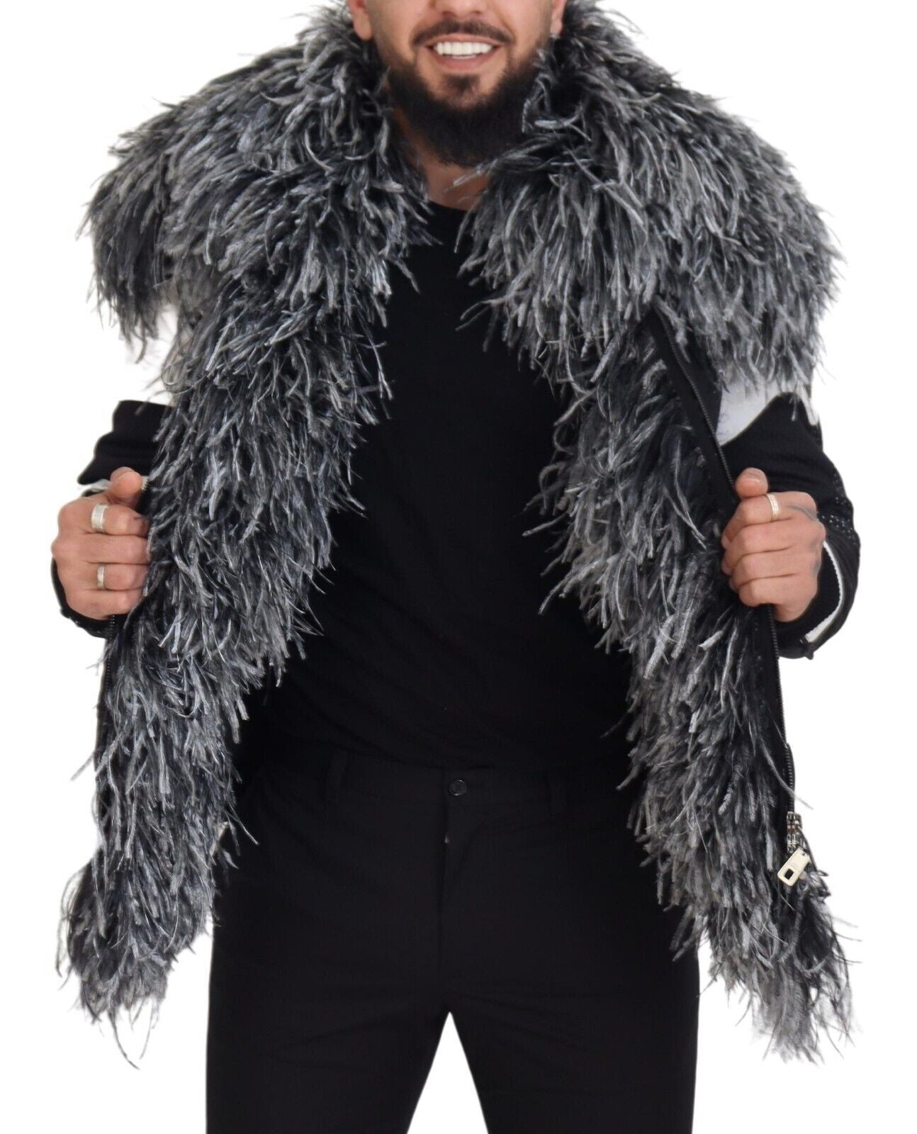 Dolce & Gabbana Jacke aus schwarzem und weißem Pelz-Shearling mit durchgehendem Reißverschluss