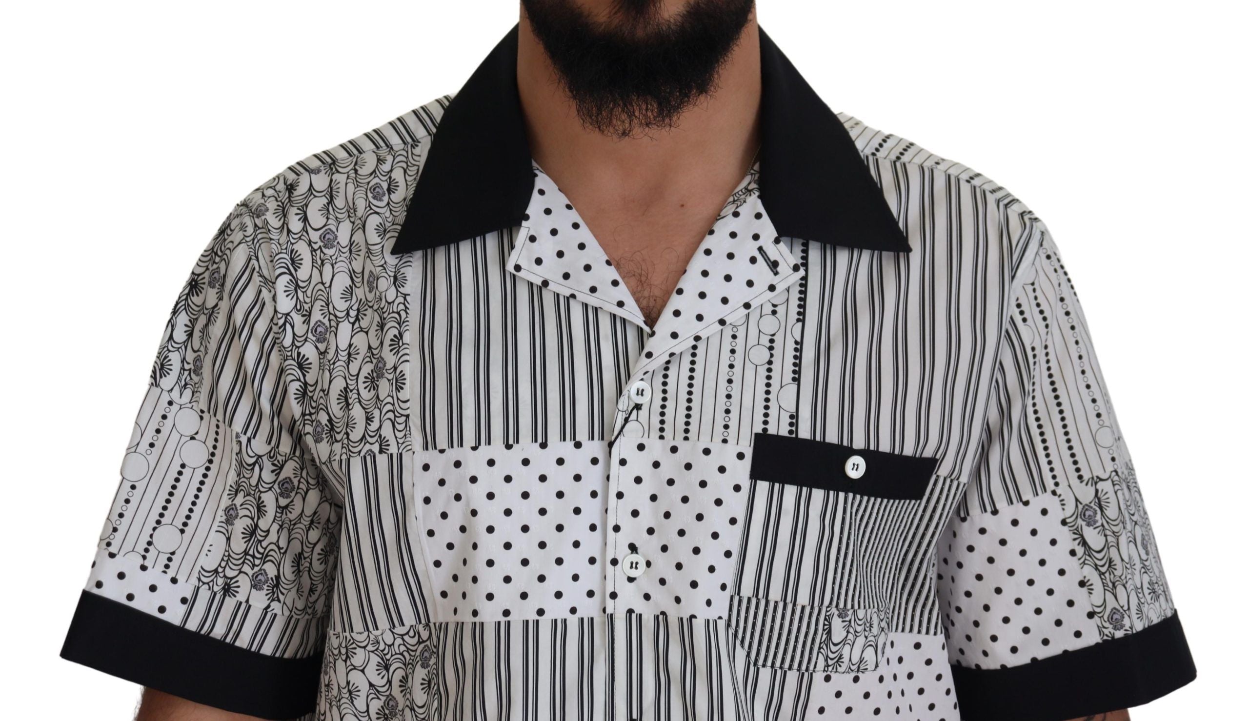 Dolce & Gabbana Weißes Schwarz Gemustertes Hemd mit Knopfleiste