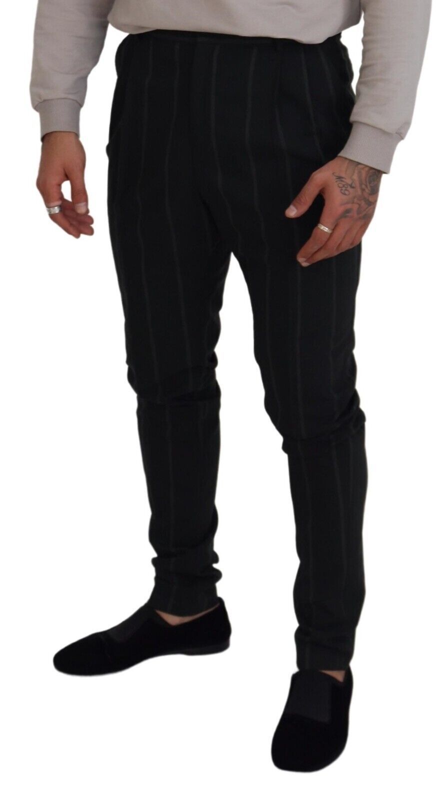 Dolce & Gabbana Schwarze gestreifte Herrenhose Baumwollhose