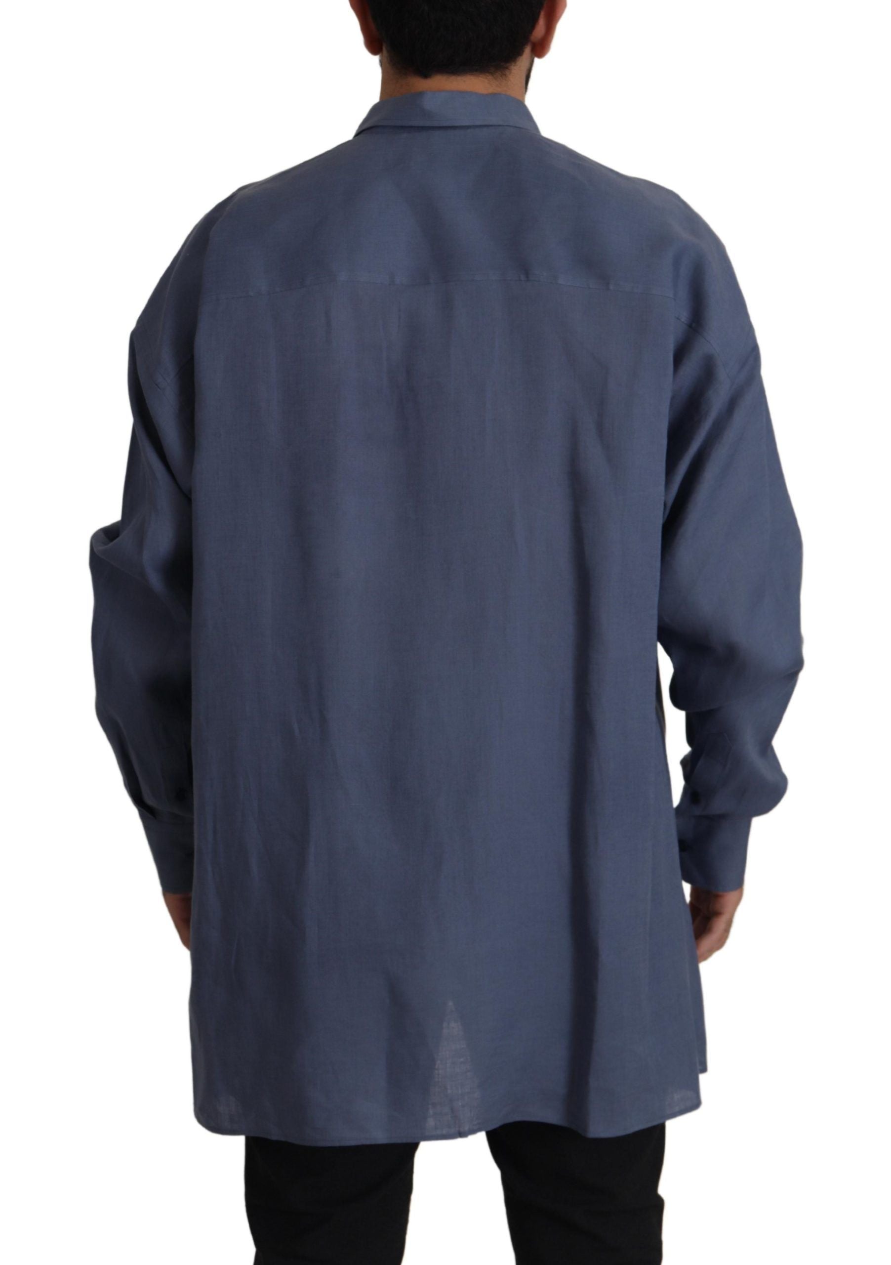 Dolce & Gabbana Dunkelblaues Leinen Slim Fit Herrenhemd Festlich