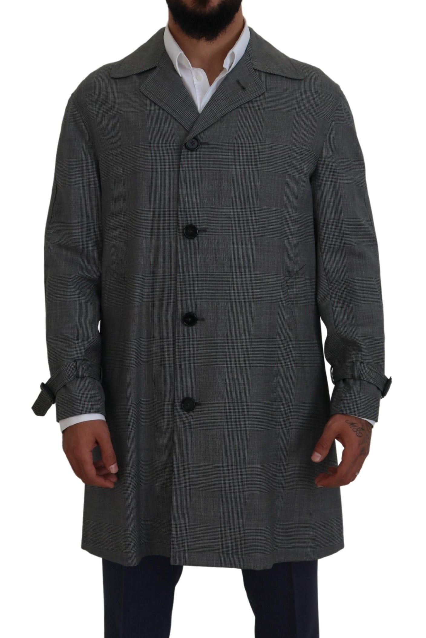 Dolce & Gabbana Grijze Wollen Geruite Lange Trenchcoat Jas Trenchcoat Jas