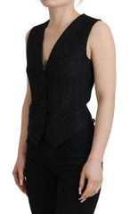 Dolce & Gabbana Zwarte Brokaat Knoopsluiting Mouwloze Gilet Top