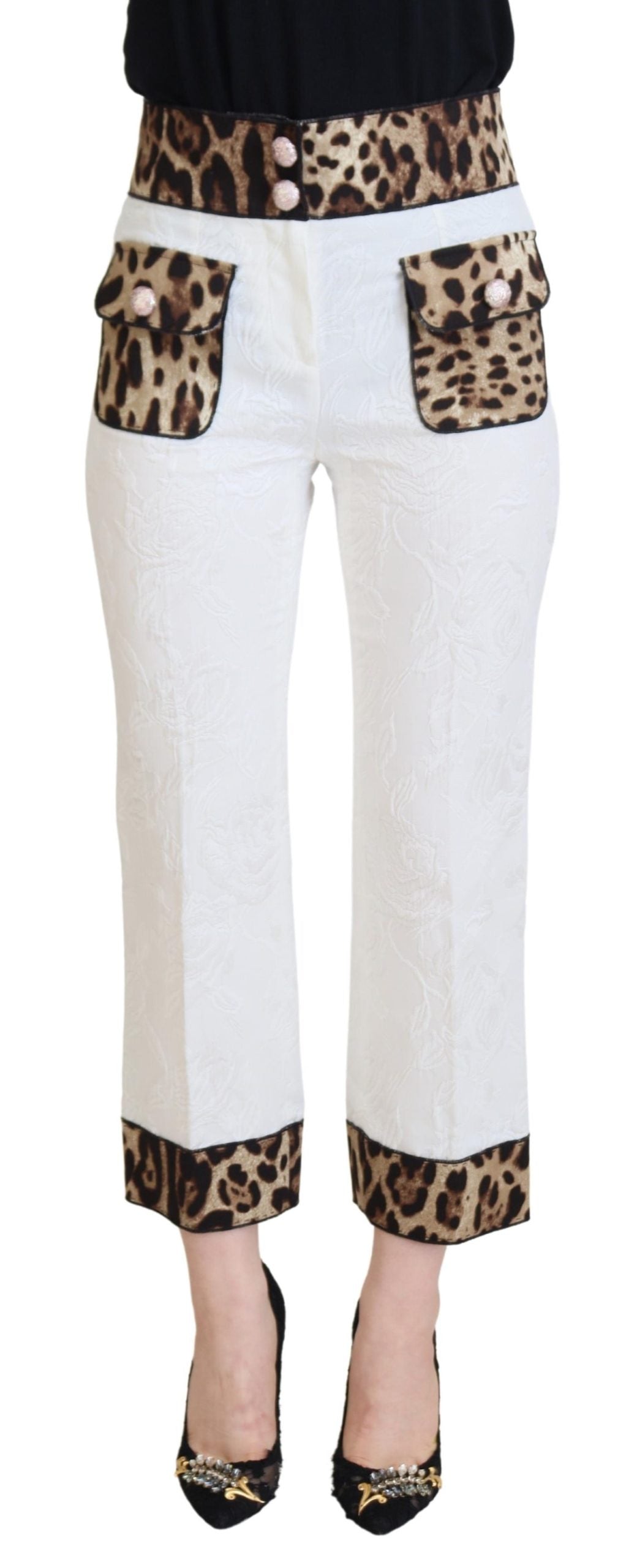 Dolce & Gabbana Weiße Hose mit Leopardenmuster und hoher Taille