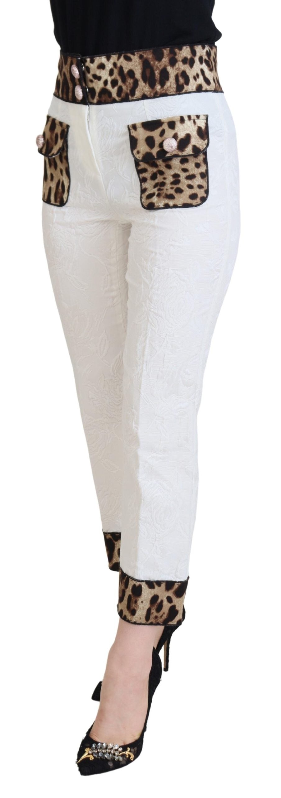 Dolce & Gabbana Weiße Hose mit Leopardenmuster und hoher Taille