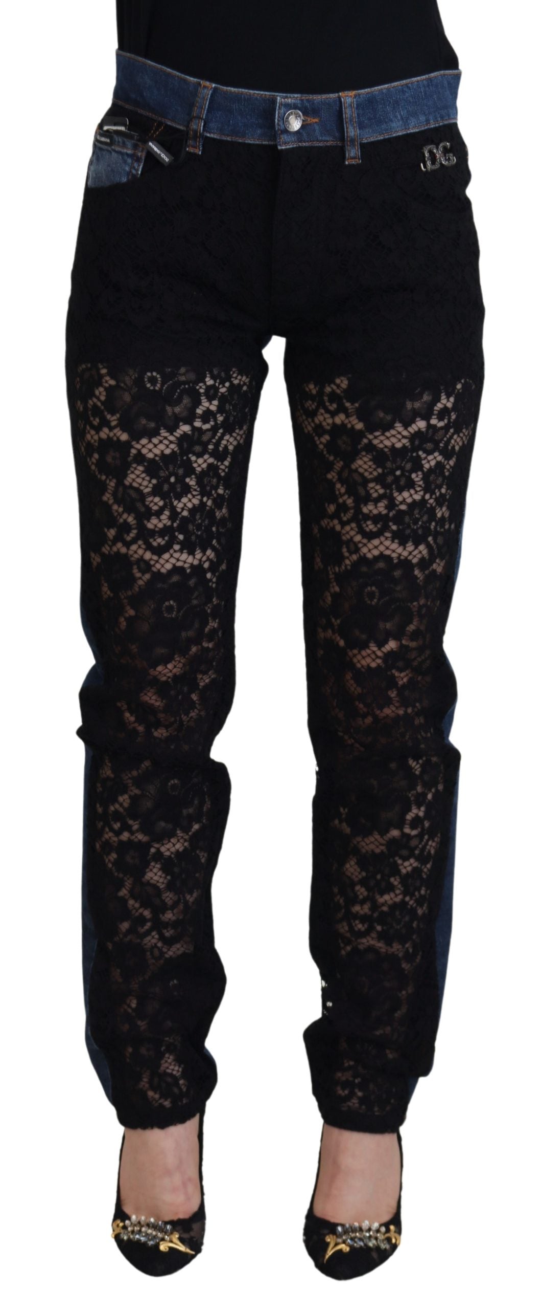 Dolce & Gabbana Schwarze Skinny Jeans aus Denim mit floraler Spitze vorne