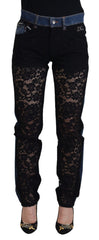 Dolce & Gabbana Schwarze Skinny Jeans aus Denim mit floraler Spitze vorne