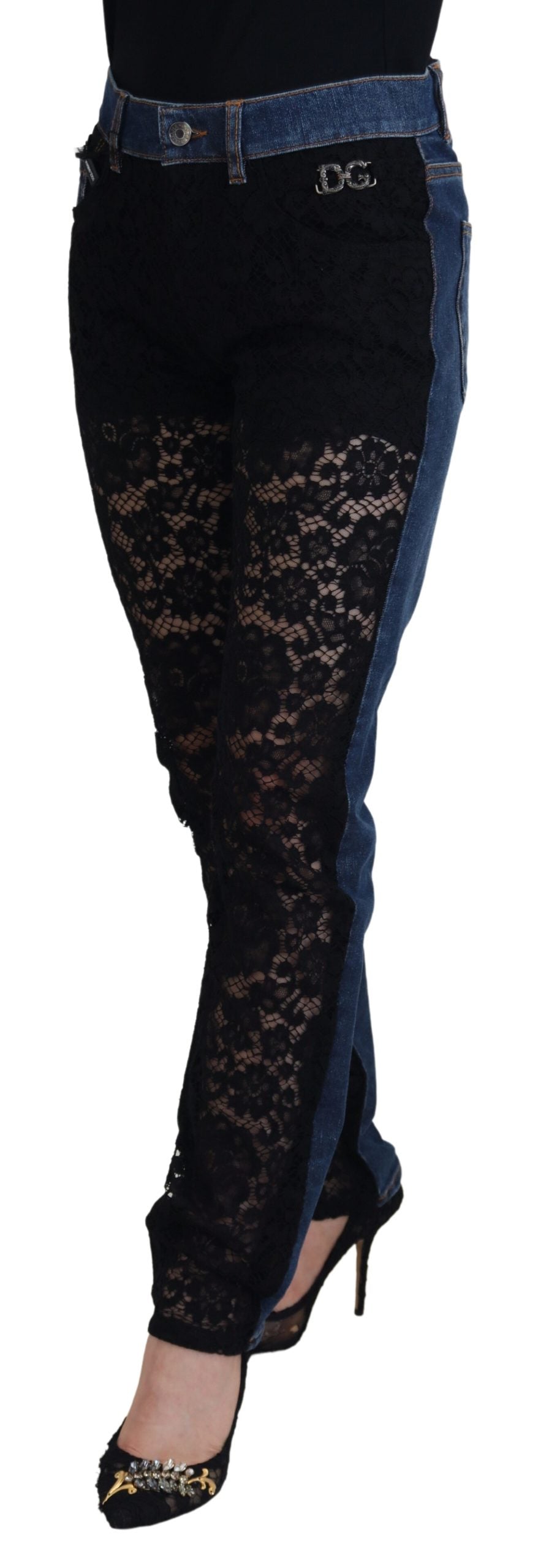 Dolce & Gabbana Schwarze Skinny Jeans aus Denim mit floraler Spitze vorne