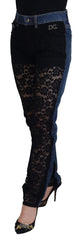 Dolce & Gabbana Schwarze Skinny Jeans aus Denim mit floraler Spitze vorne