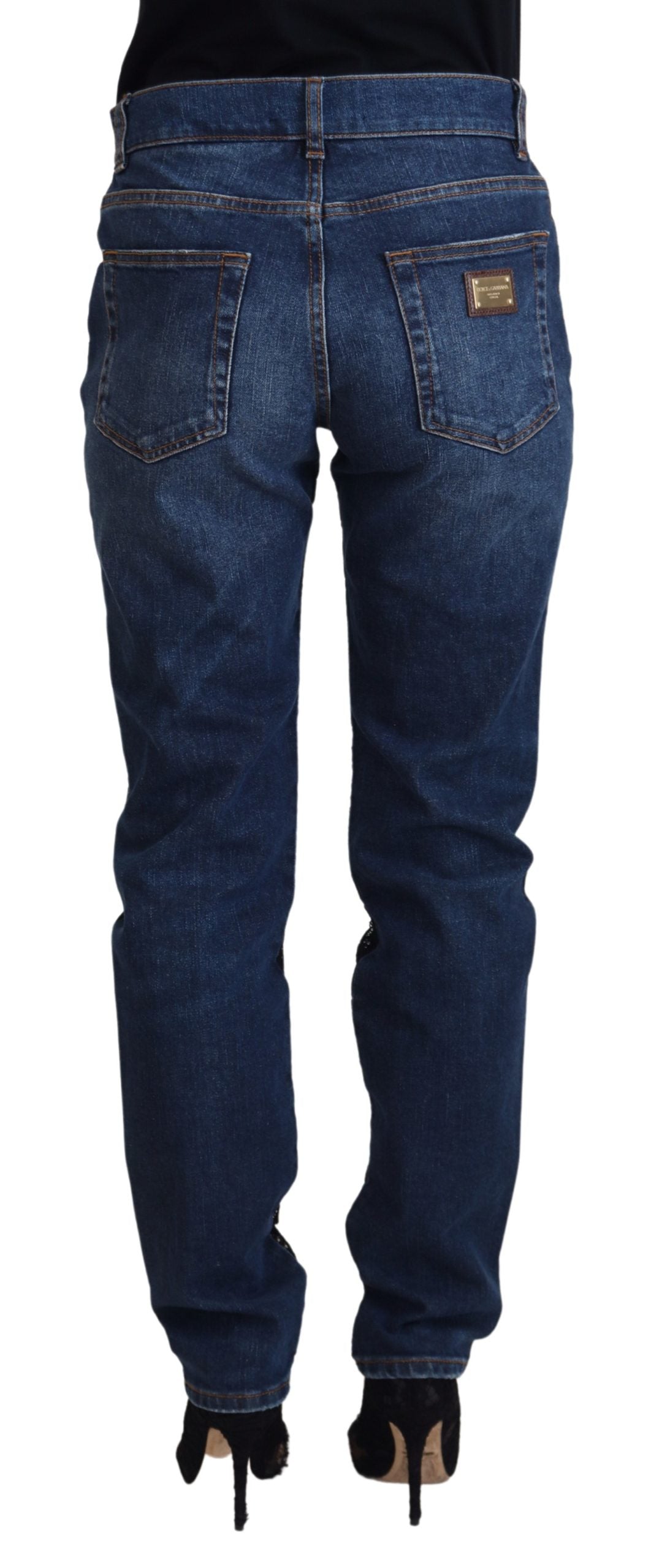 Dolce & Gabbana Schwarze Skinny Jeans aus Denim mit floraler Spitze vorne