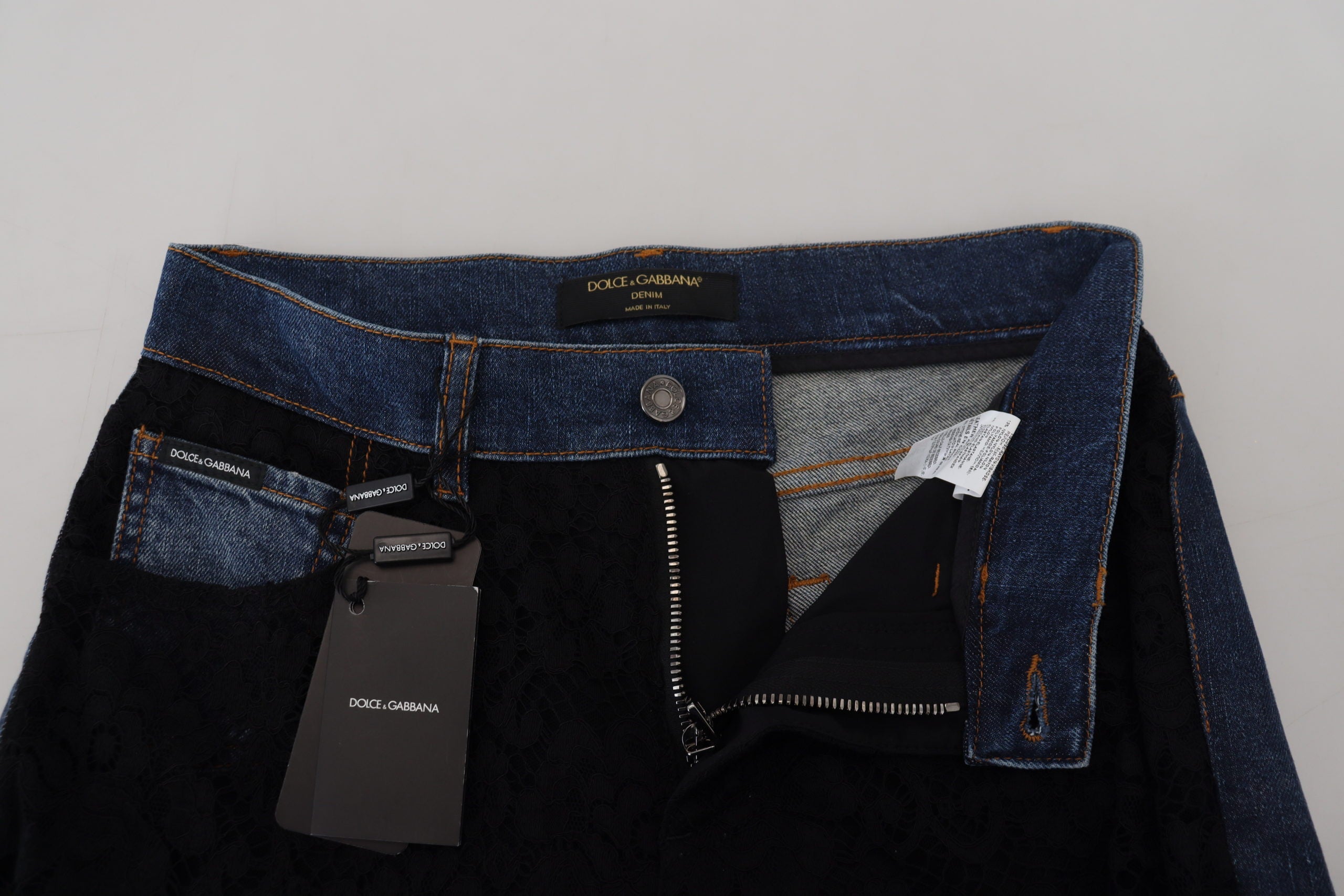 Dolce & Gabbana Schwarze Skinny Jeans aus Denim mit floraler Spitze vorne