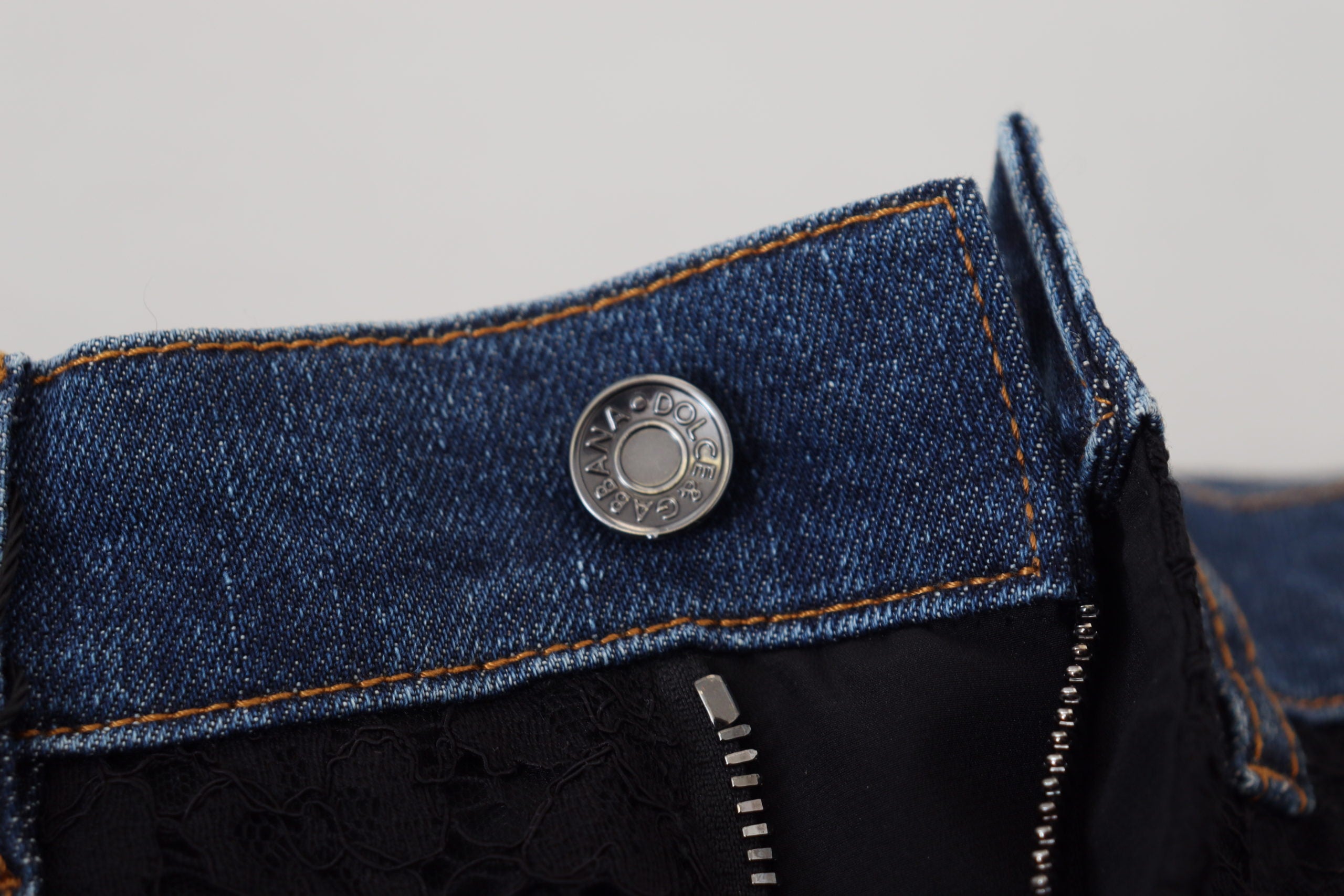 Dolce & Gabbana Schwarze Skinny Jeans aus Denim mit floraler Spitze vorne