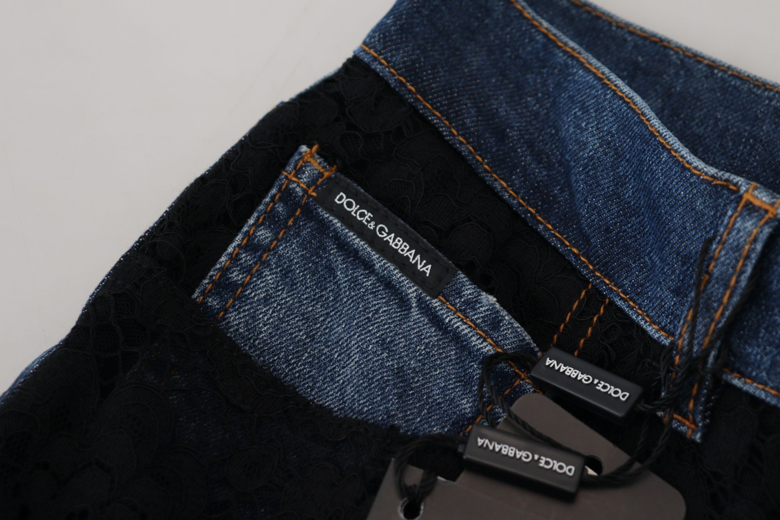 Dolce & Gabbana Schwarze Skinny Jeans aus Denim mit floraler Spitze vorne