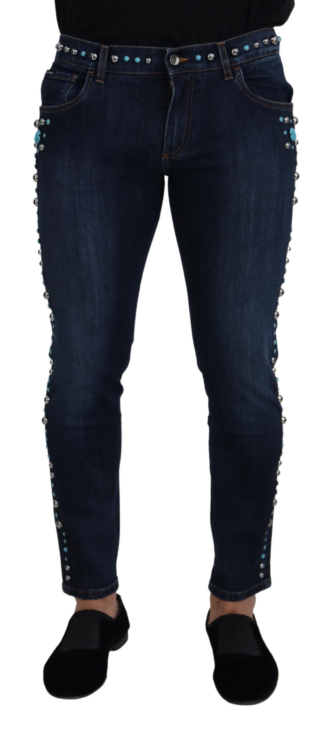 Dolce & Gabbana Blaue Jeans aus Baumwolle mit Nieten und niedriger Taille