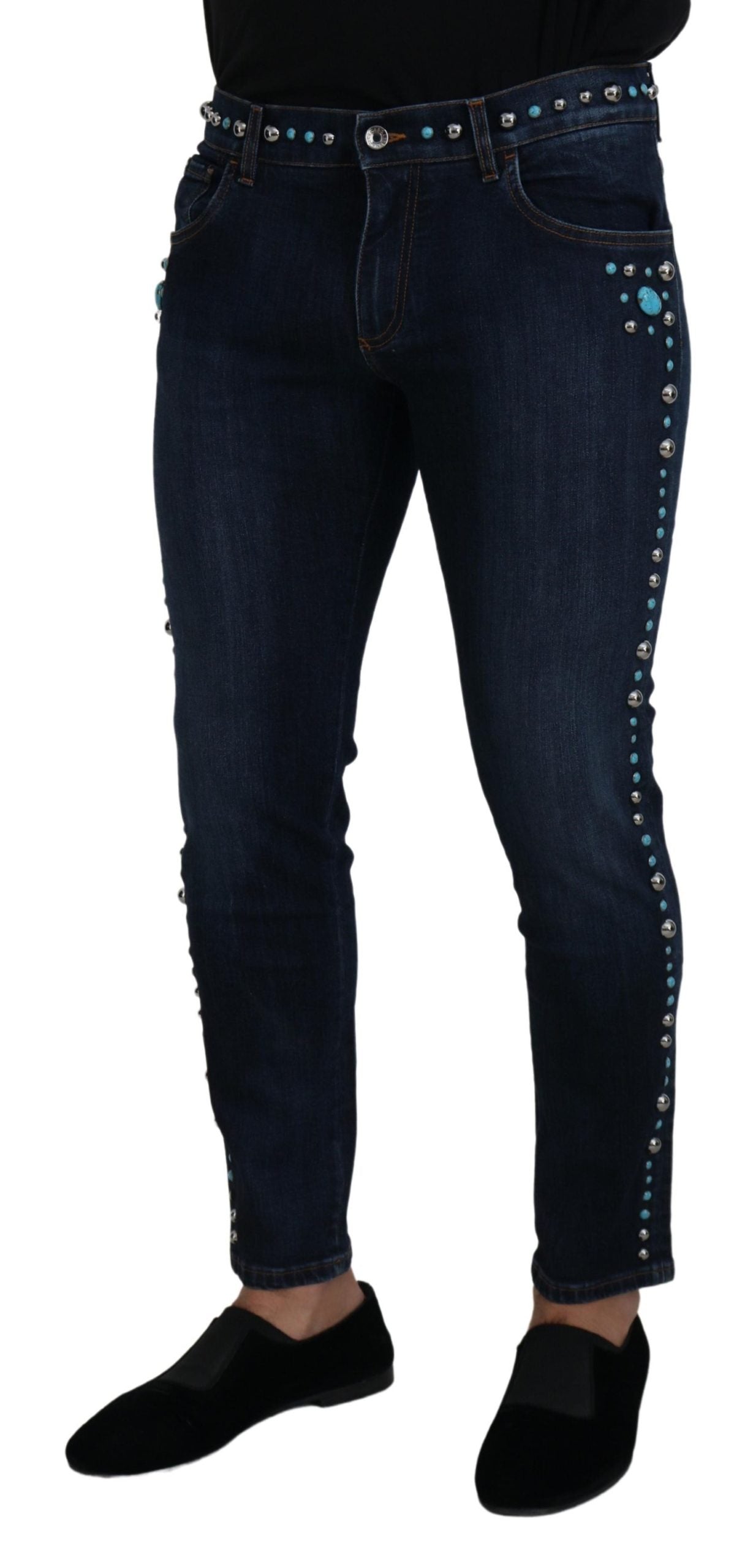 Dolce & Gabbana Blaue Jeans aus Baumwolle mit Nieten und niedriger Taille