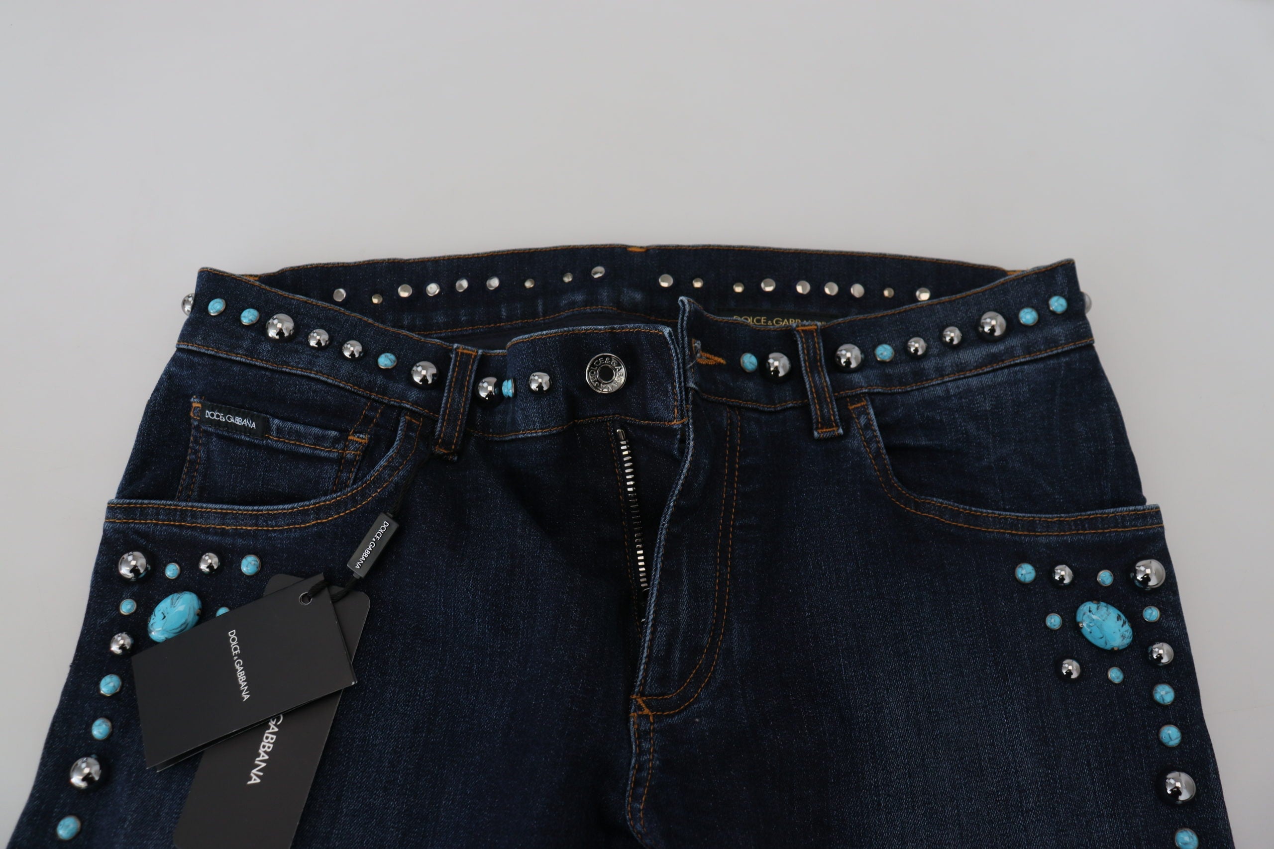 Dolce & Gabbana Blaue Jeans aus Baumwolle mit Nieten und niedriger Taille