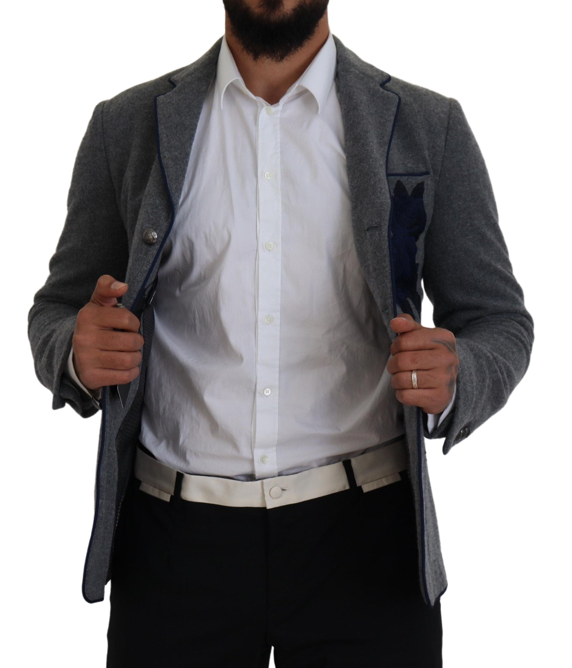 Dolce & Gabbana Grijs Wollen Rozen Slim Fit Jas Blazer