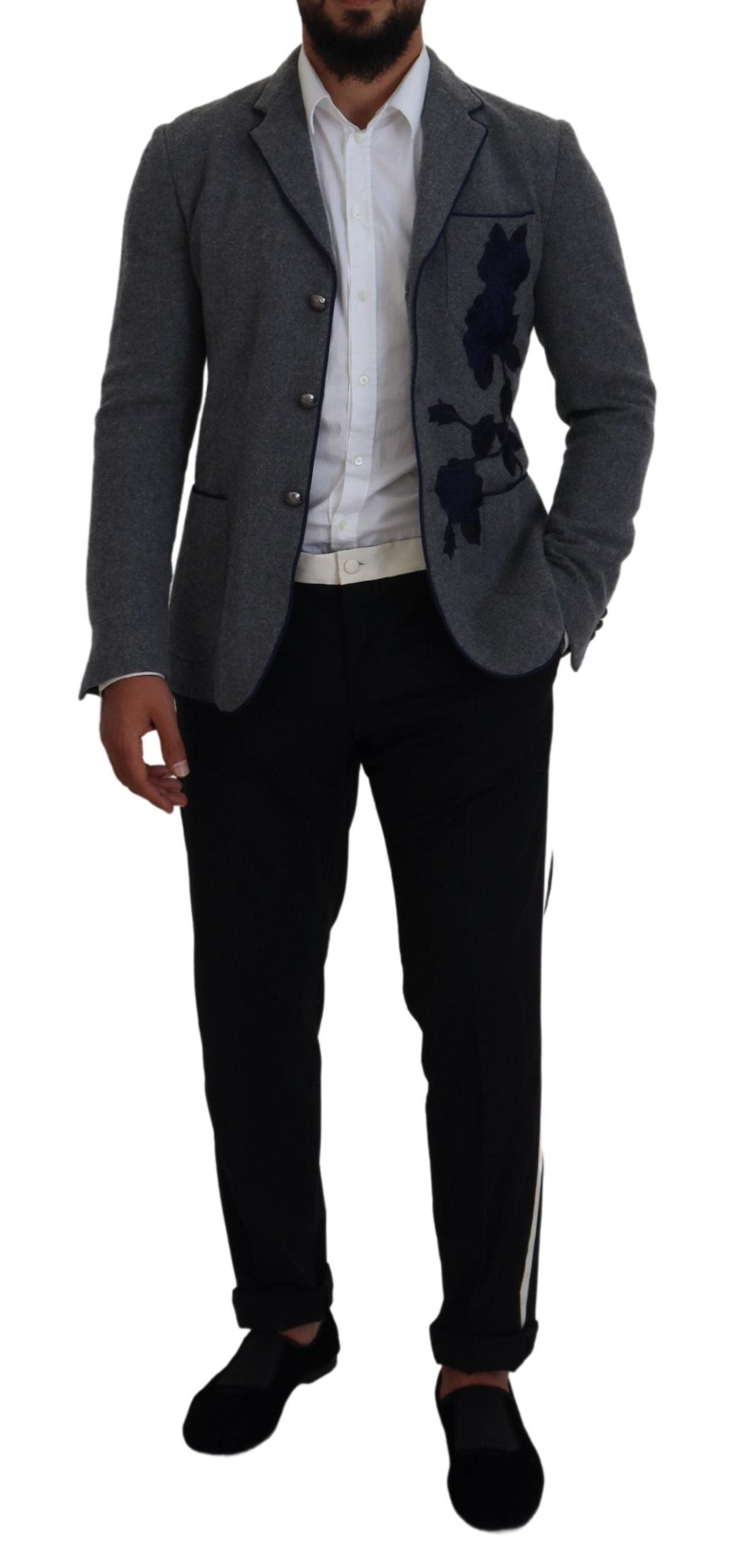 Dolce & Gabbana Grijs Wollen Rozen Slim Fit Jas Blazer
