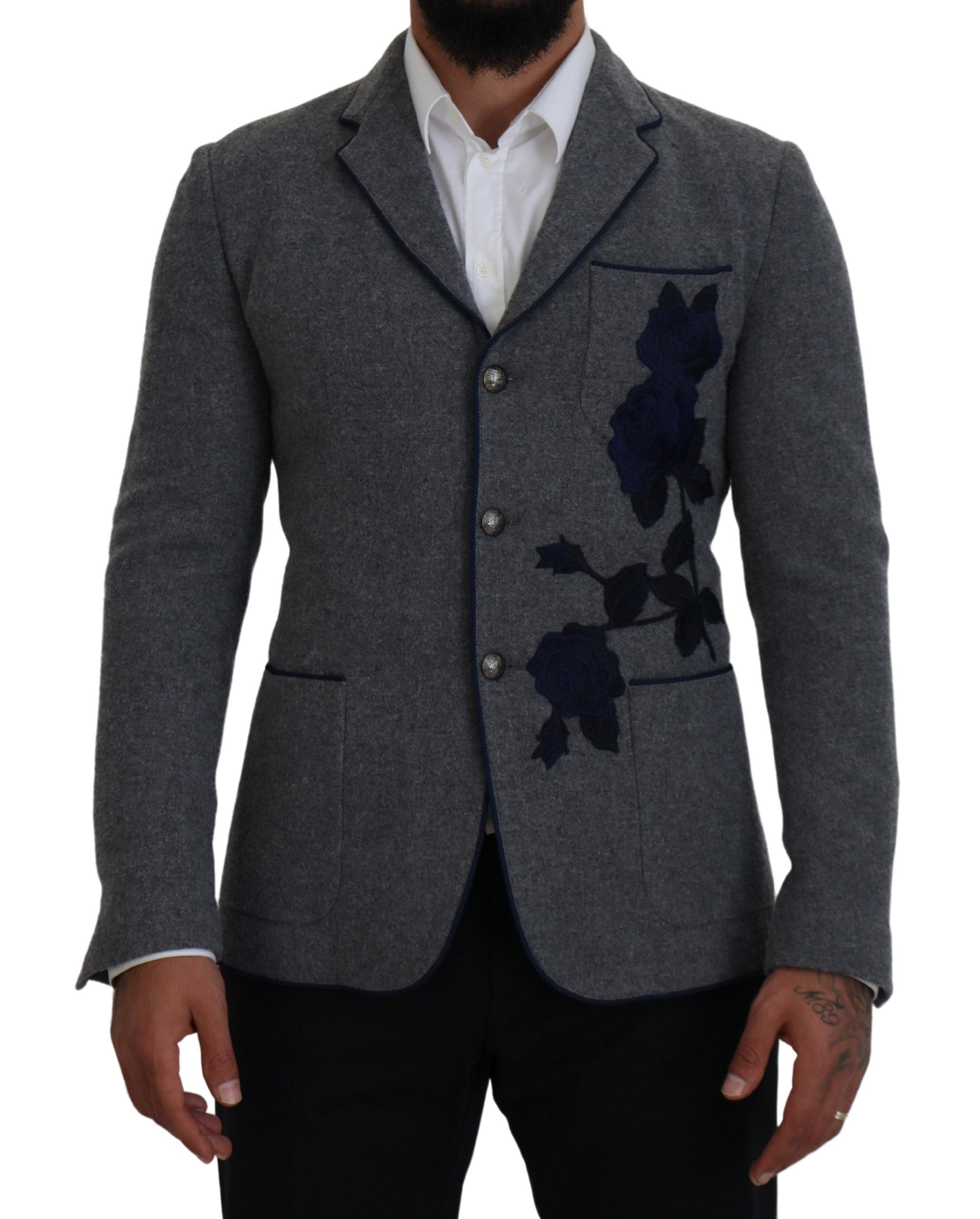 Dolce & Gabbana Grijs Wollen Rozen Slim Fit Jas Blazer