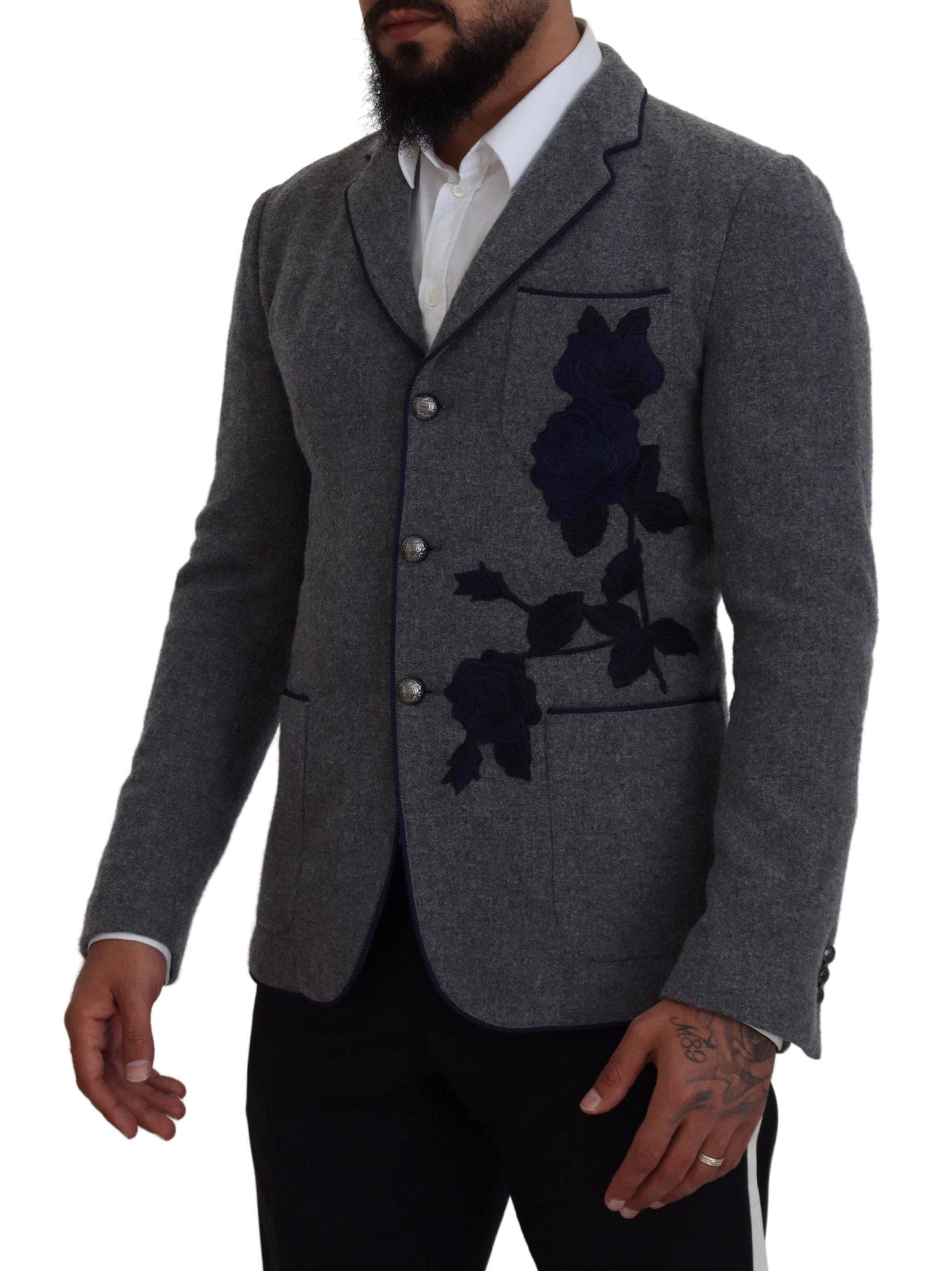 Dolce & Gabbana Grijs Wollen Rozen Slim Fit Jas Blazer