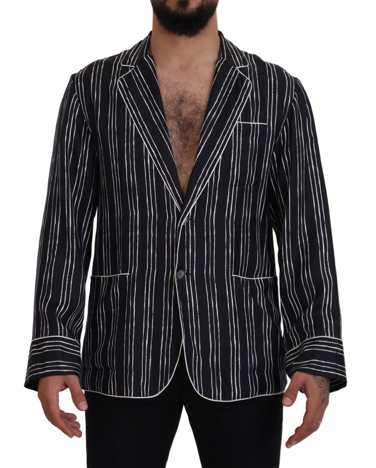 Dolce & Gabbana Blau Gestreifte Seiden-Pyjamahemdjacke