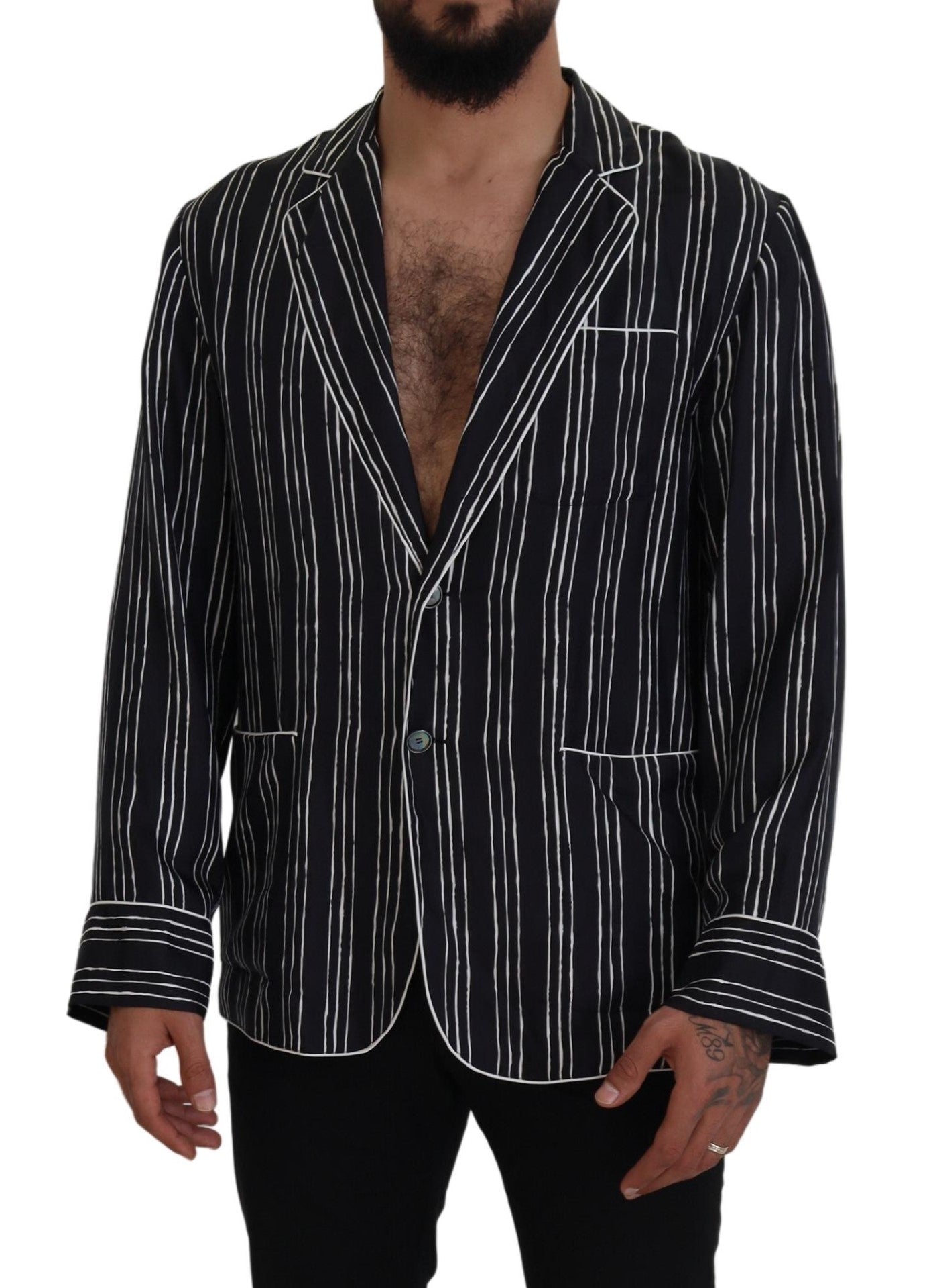 Dolce & Gabbana Blau Gestreifte Seiden-Pyjamahemdjacke