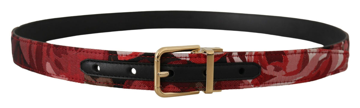 Dolce & Gabbana Roter Jacquard Gürtel mit Rosenmuster, Leder und goldener Metallschnalle