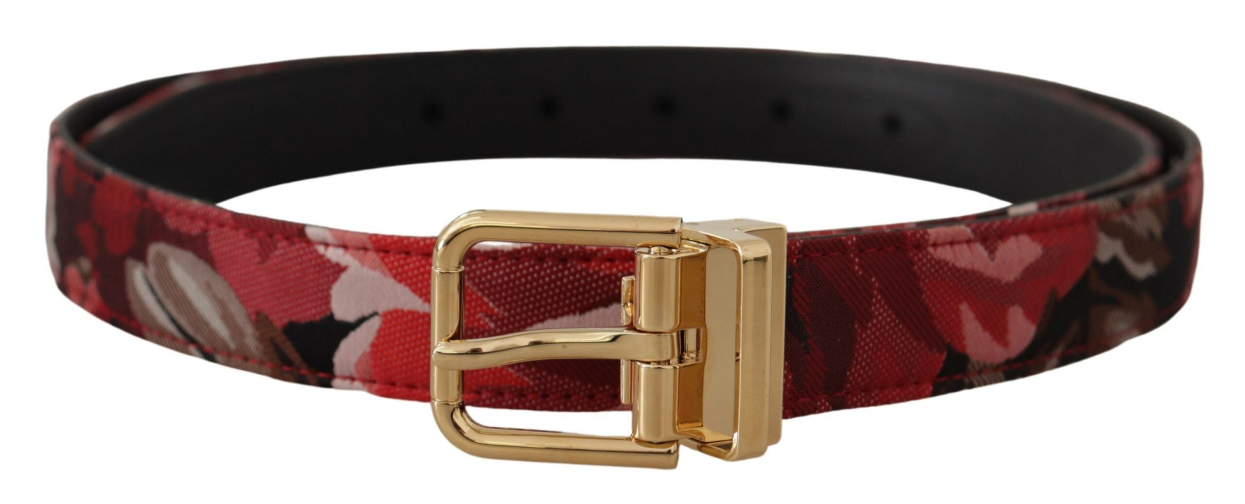 Dolce & Gabbana Roter Jacquard Gürtel mit Rosenmuster, Leder und goldener Metallschnalle